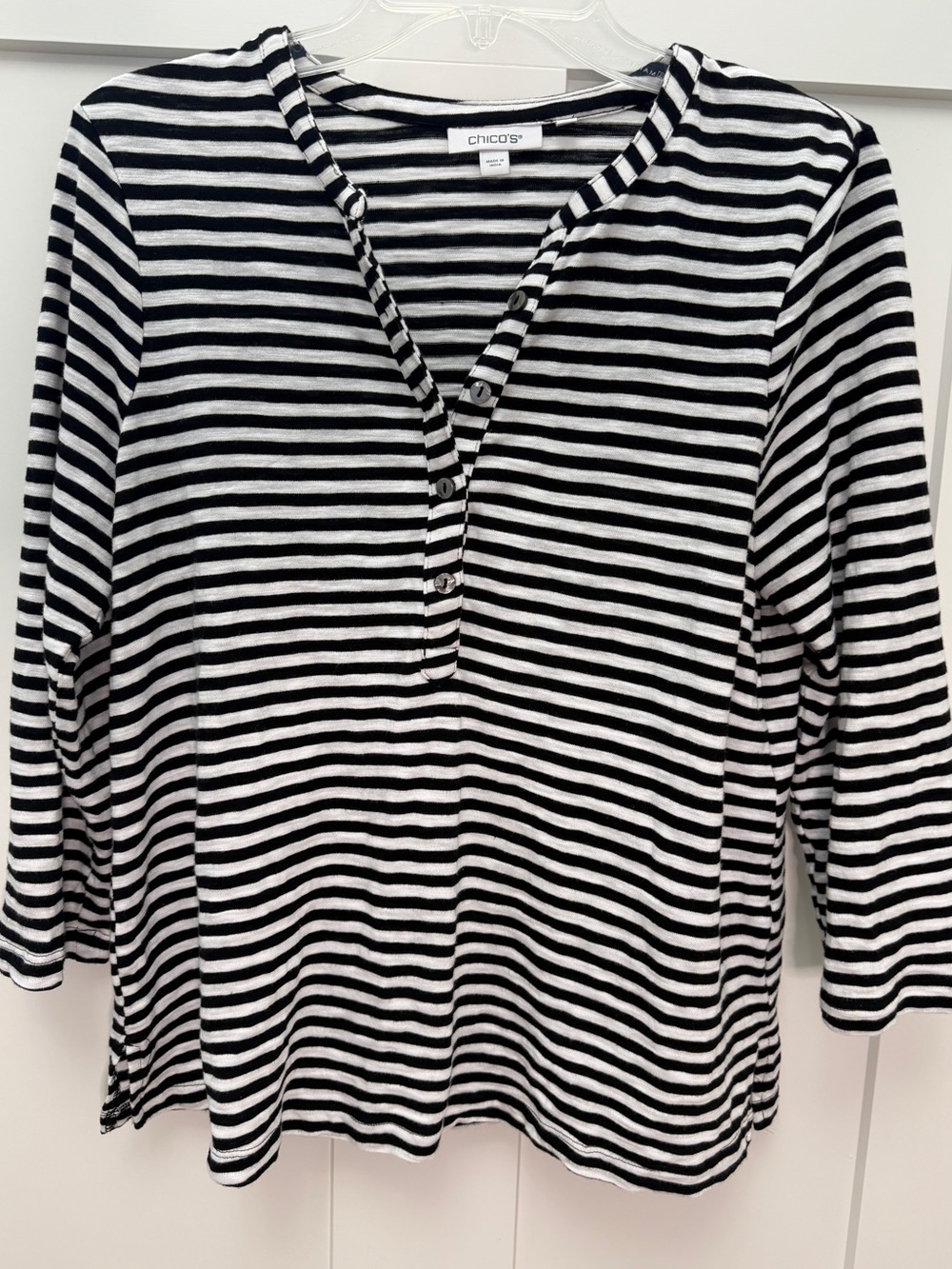 Chico's Black and White Striped Henley Long Sleeve Top